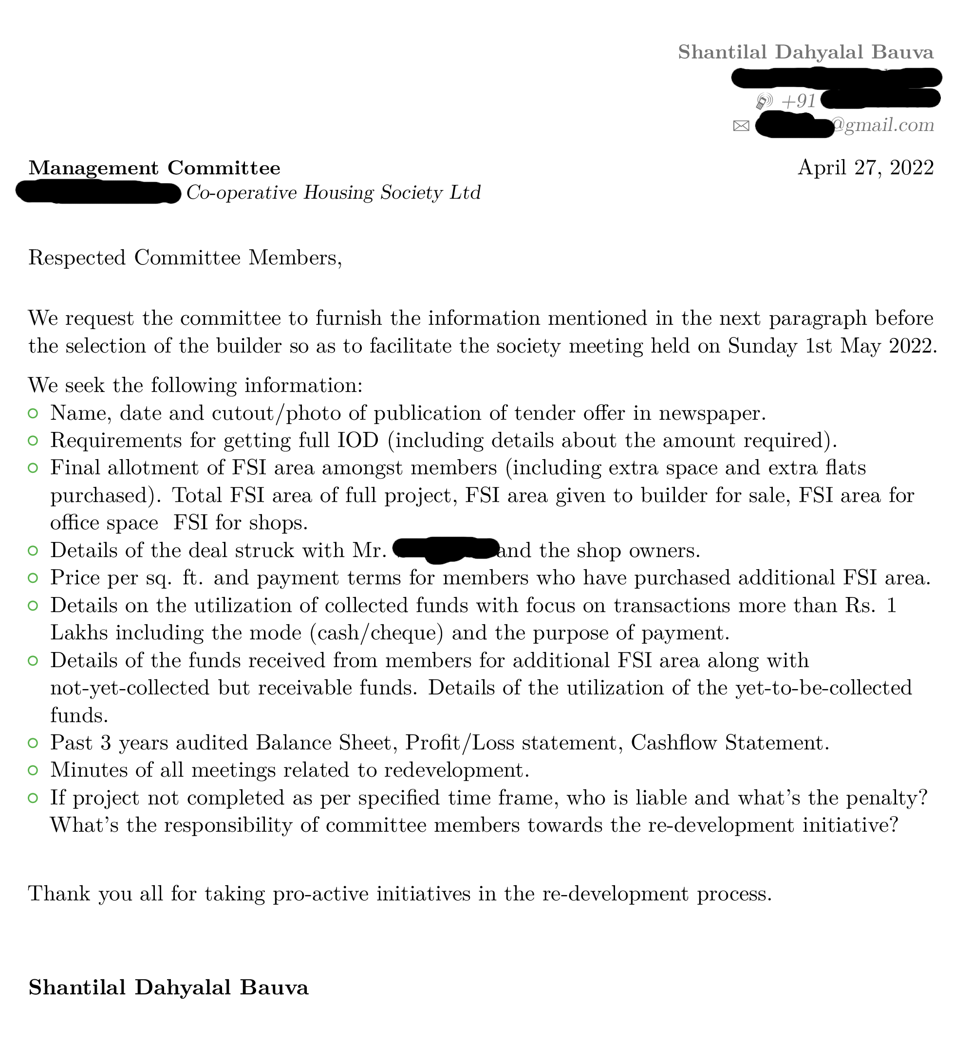 Letter for inquiry